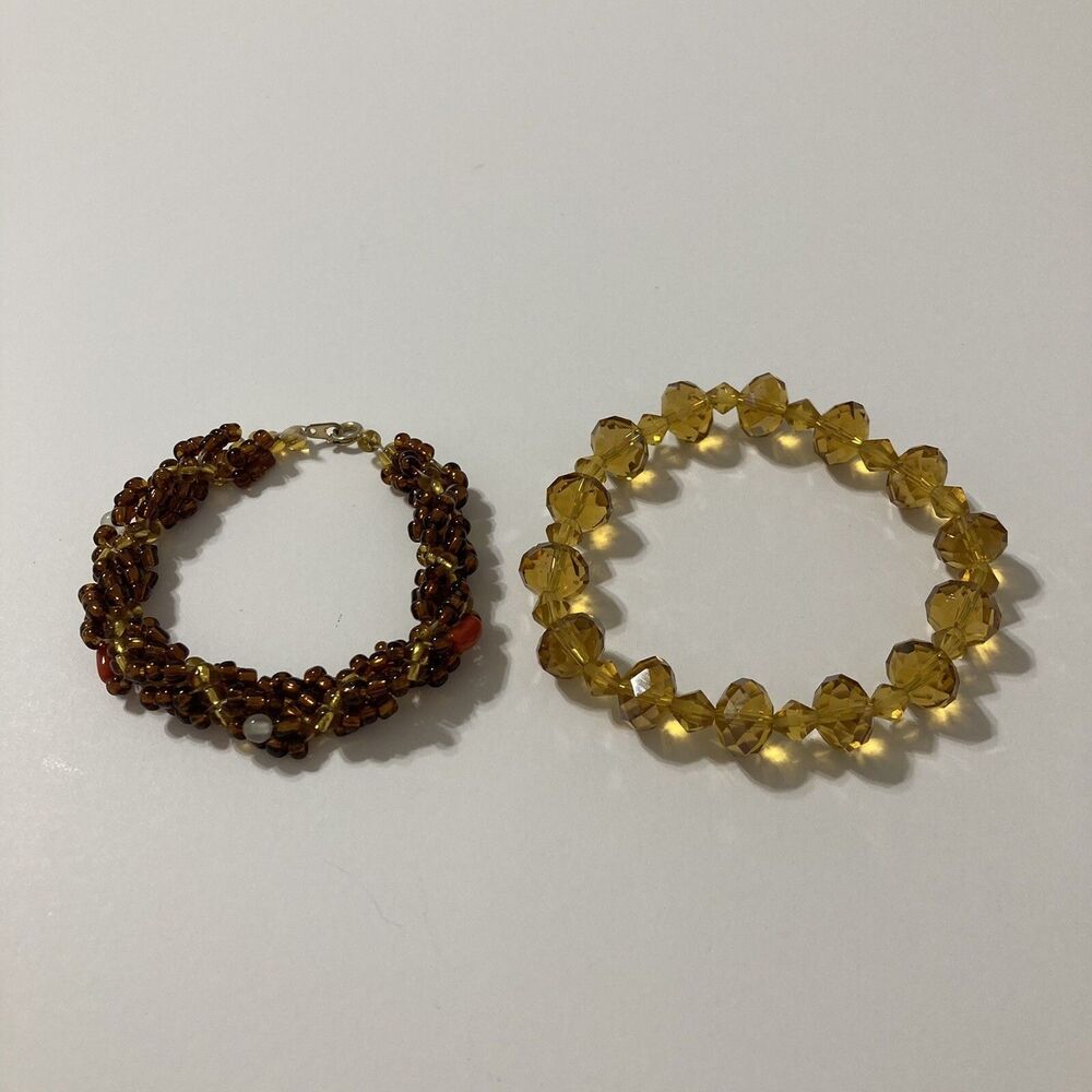Lot Of 2 Amber Multi-Strand Brown Gold Seed Bead Bracelets Bohemian Boho